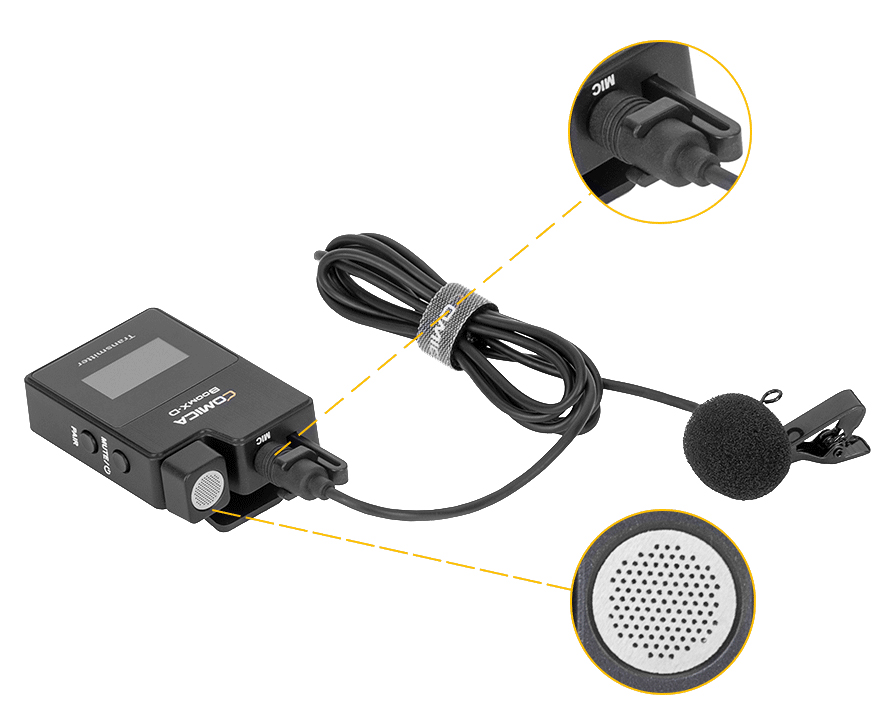 Вбудований мікрофон та дротовий комірцевий мікрофон в системі Comica BoomX-D Mi1