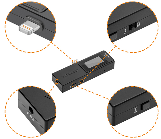 Описання кнопок та роз'ємів приймача мікрофона Comica VDLive 10 MI RX Lightning