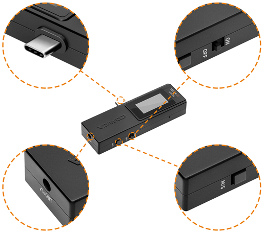 Описание кнопок и разъемов приемника микрофона Comica VDLive 10 USB