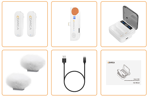 Комплектация беспроводного микрофона для iPhone Comica Vimo S MI Lightning White