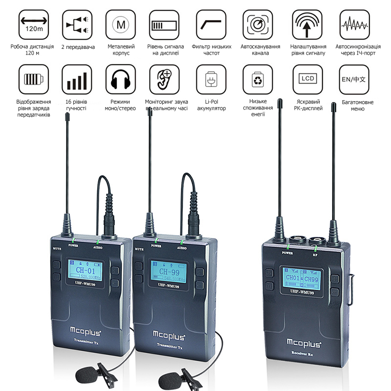 Мікрофонна радіосистема Mcoplus UHF-WMU99 Set B 3 двума мікрофонами